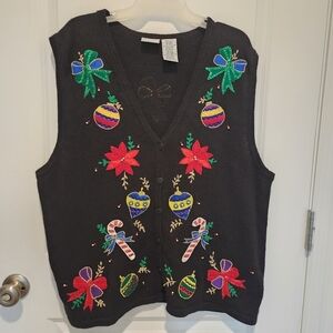 Bobbie Brooks Black Embroidered Sequin Beaded Chistmas Sweater Vest Size 18W/20W